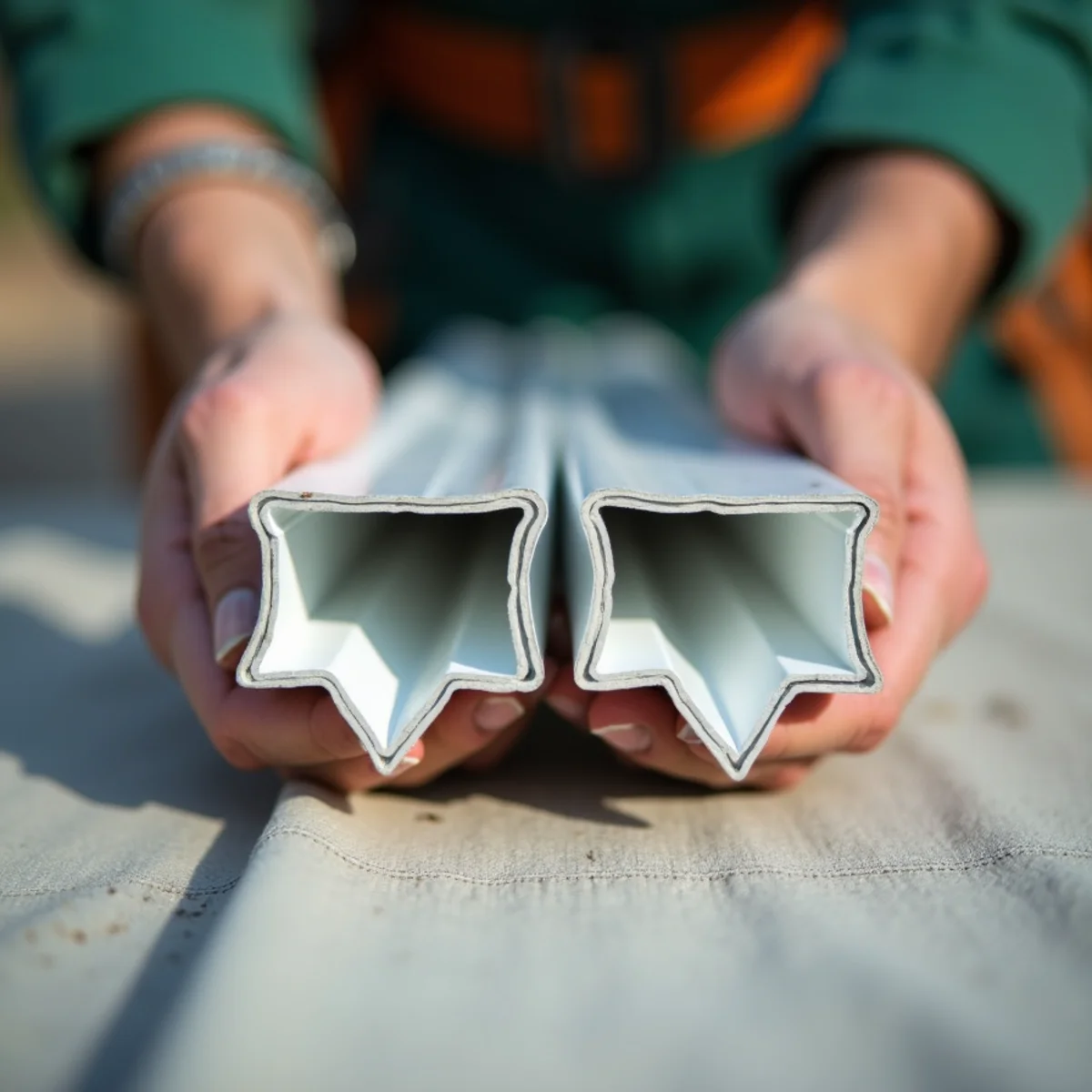 Contractor holding cut samples of 5-inch and 6-inch K-style gutter profiles