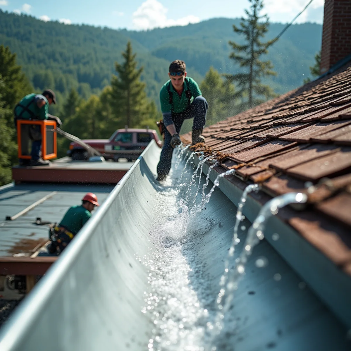 Wide 6-inch gutter capturing water rushing down a steep 12/12 pitch metal roof