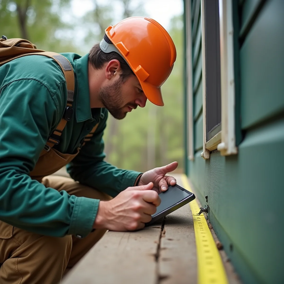 Contractor measuring eave length with heavy-duty measuring tape along fascia board
