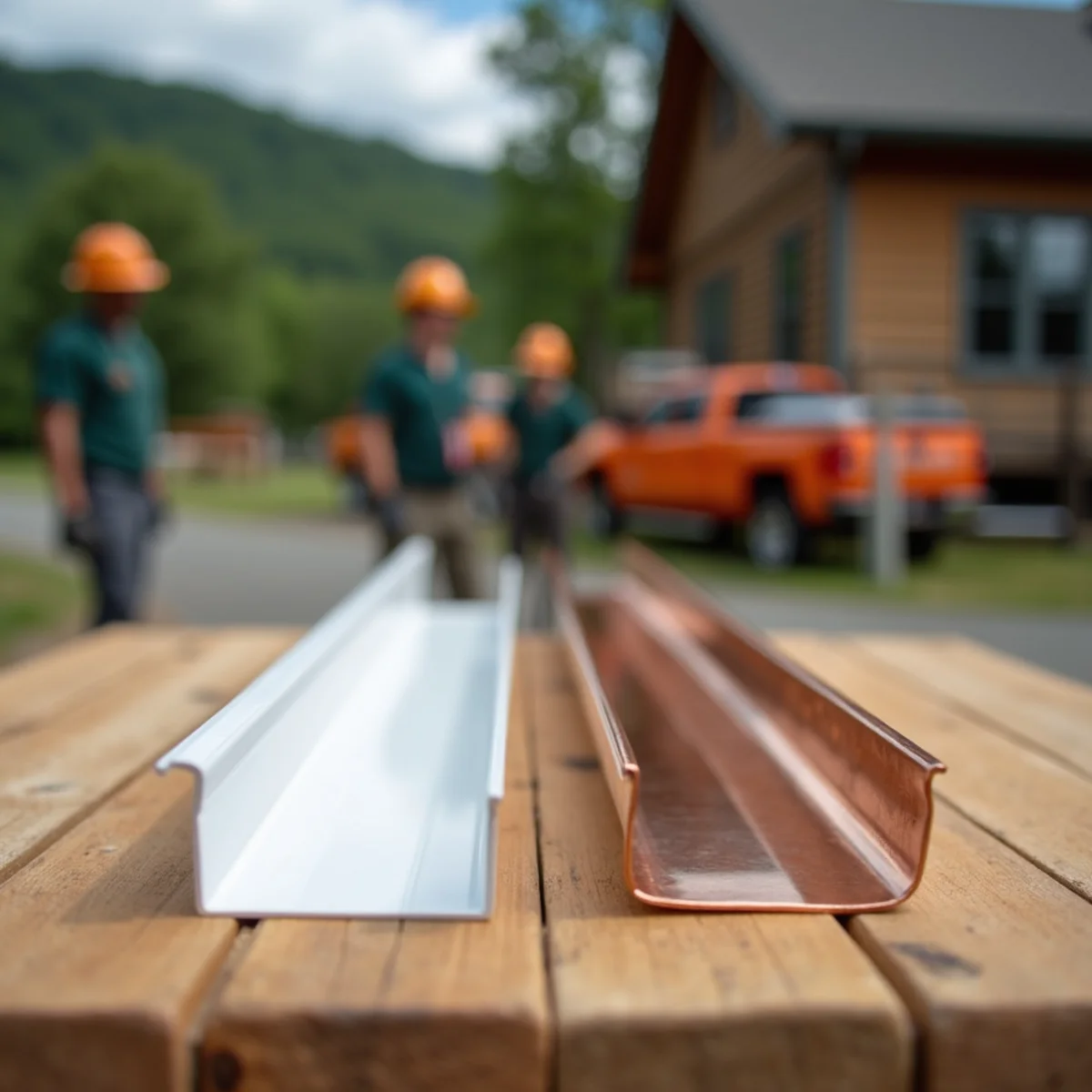 Sample sections of white 0.032 seamless aluminum and 16-oz natural copper gutters