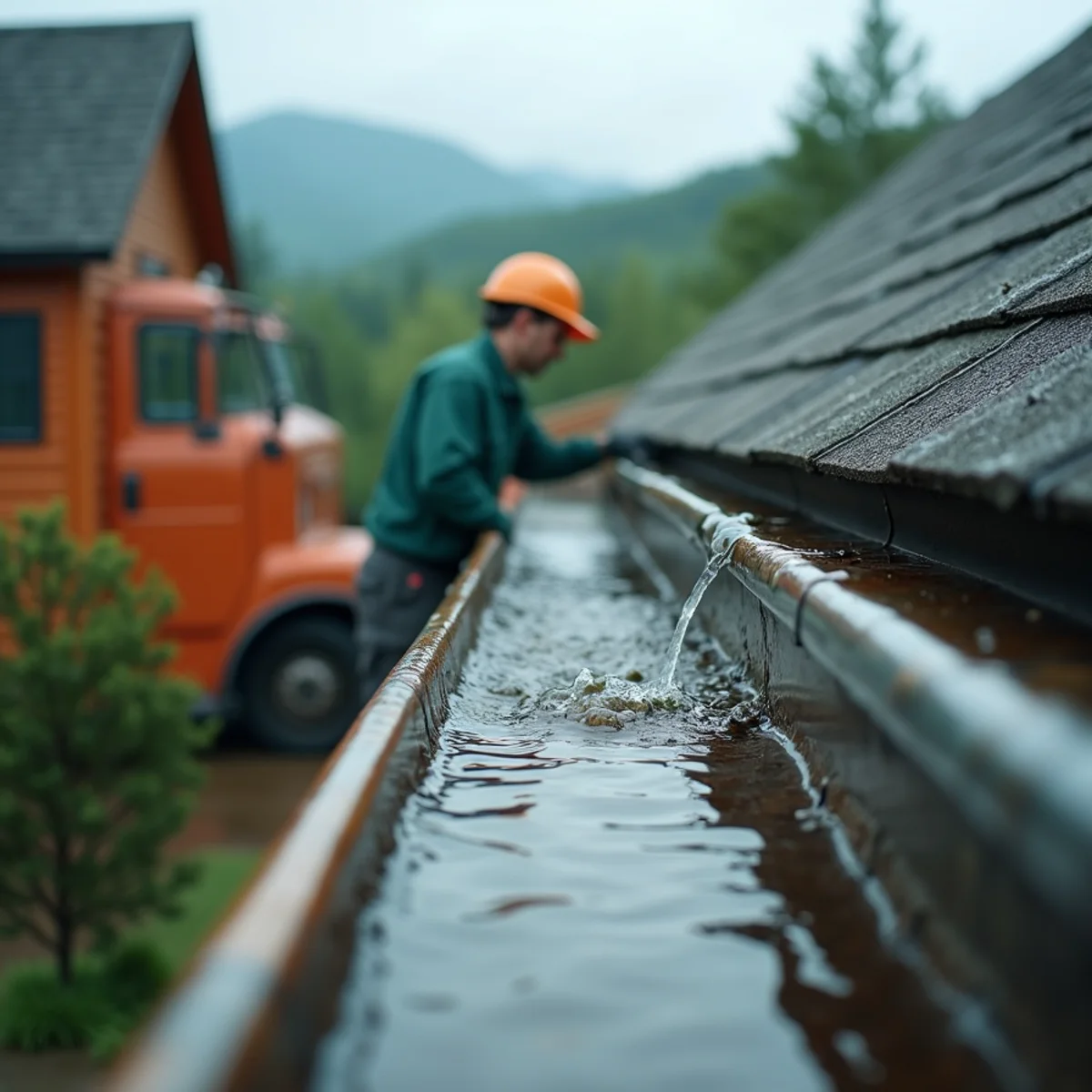 Clean gutters overflowing with water during rain due to pitch and capacity problems
