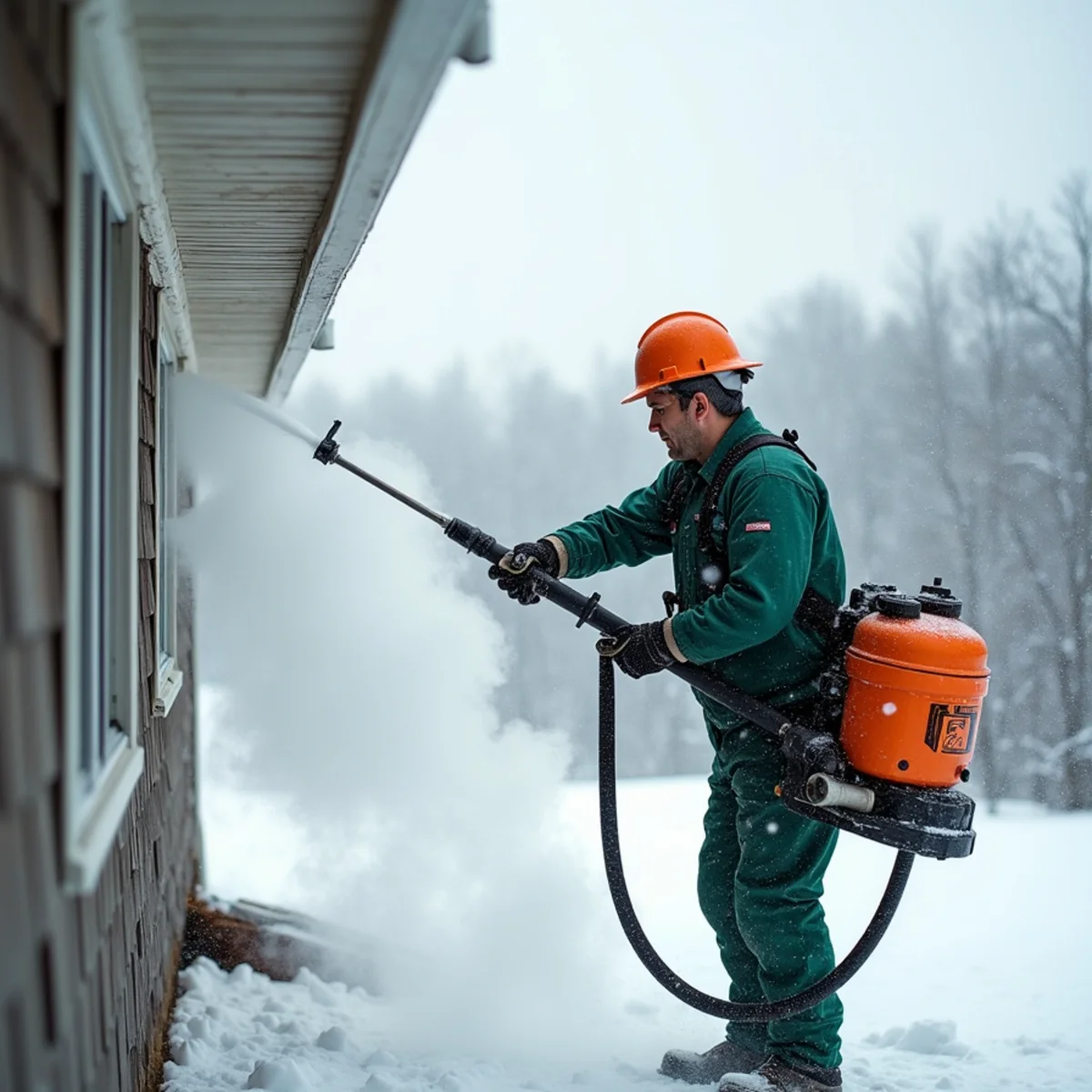 Commercial steamer wand cutting clean drainage channel through solid eave ice
