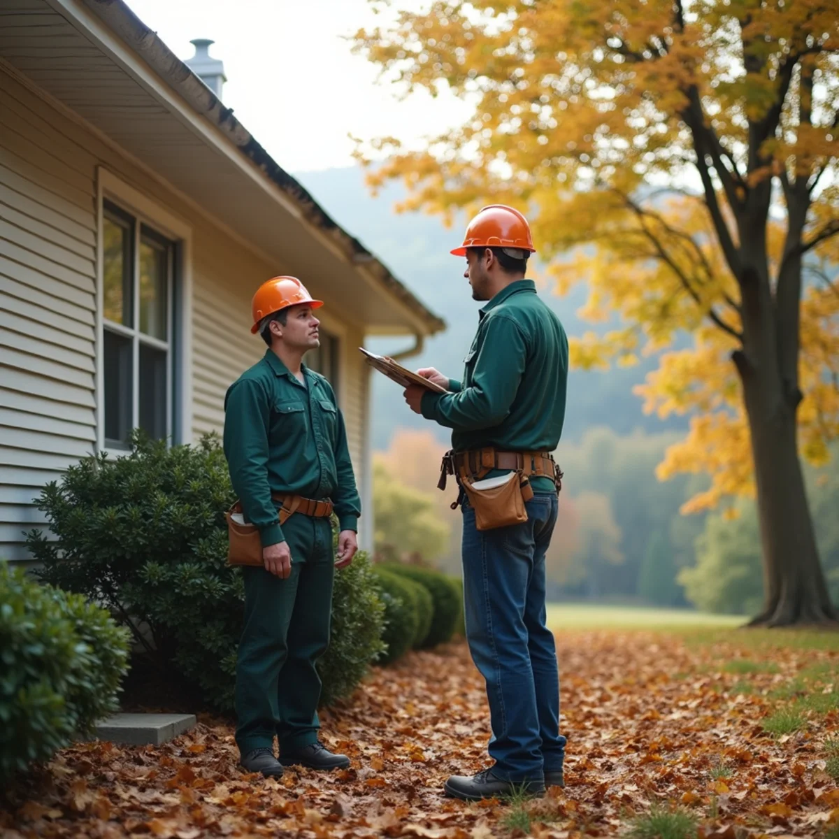 Homeowner and contractor inspecting storm-damaged gutters after mountain storm in NC