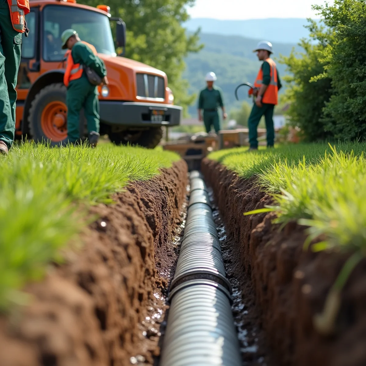 Underground PVC downspout drain compared to above-ground plastic extension on lawn