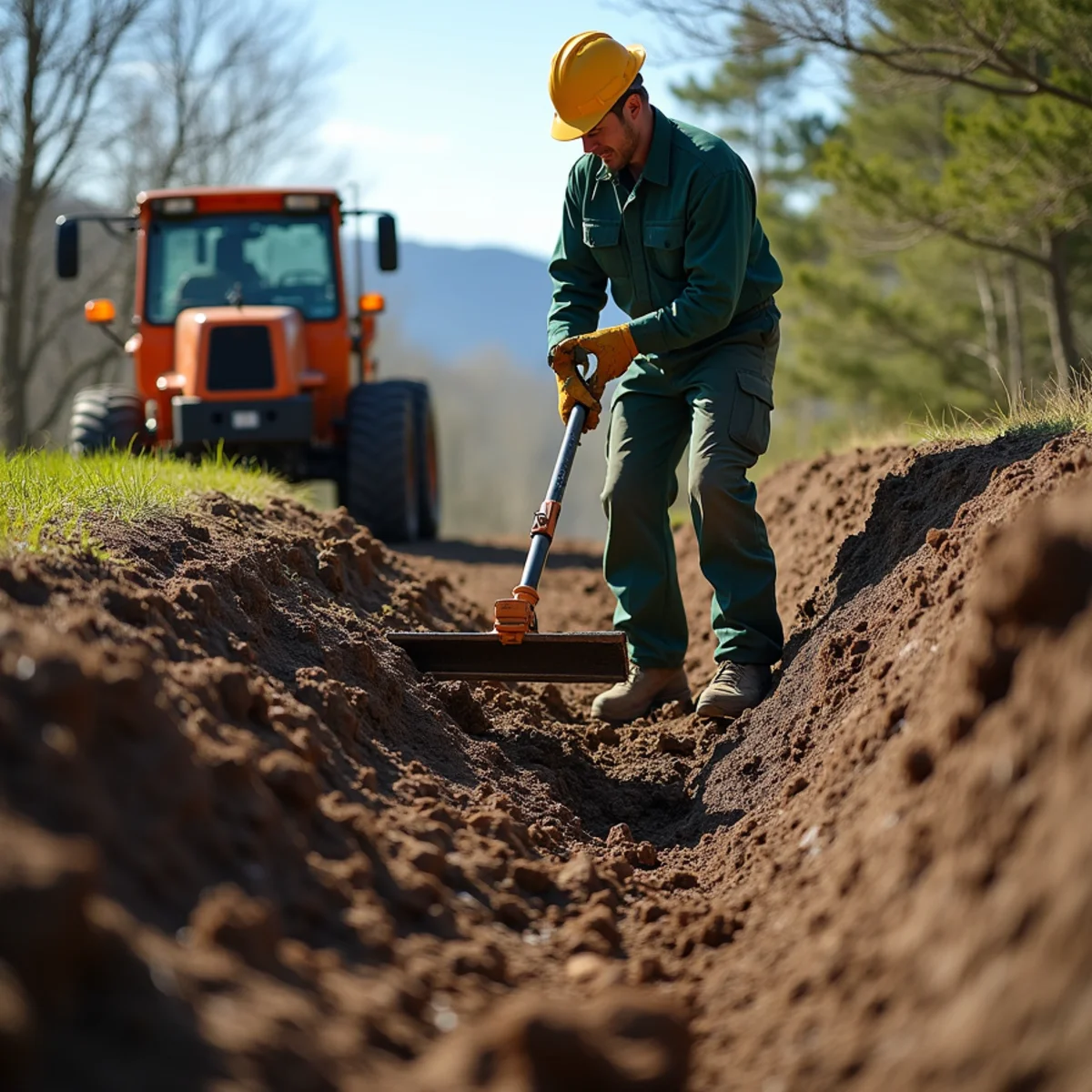 Technician compacting topsoil and grading swale away from crawl space foundation