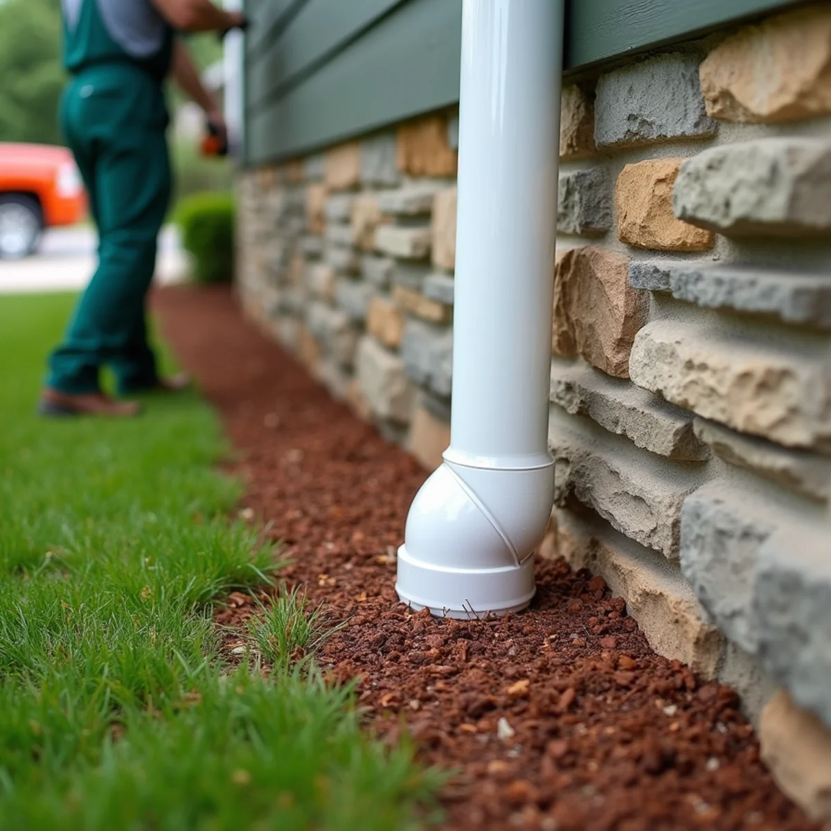 Underground downspout drain pipe entering lawn on a High Country home in Elk Park, NC