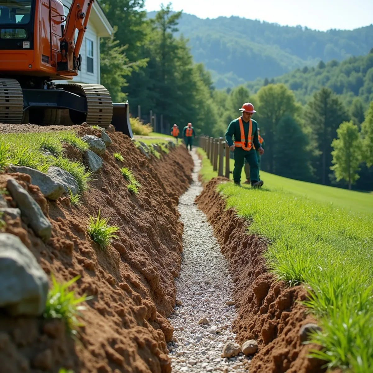 Perimeter stormwater drainage trench and PVC piping on a sloped mountain property in NC