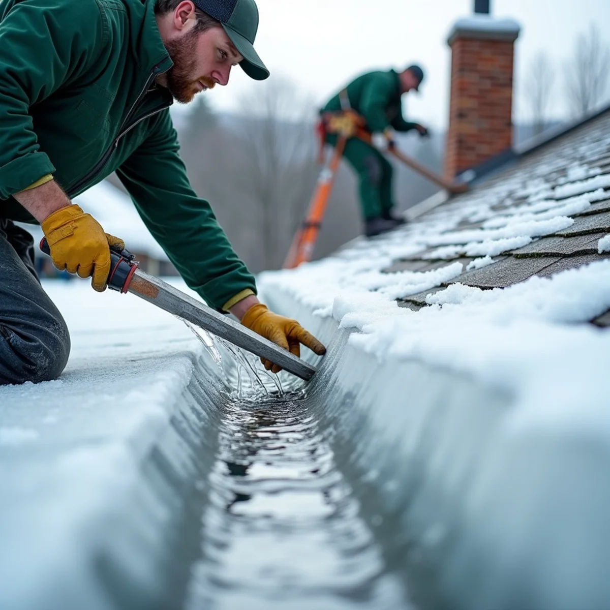 Trapped pool of roof meltwater flowing freely through freshly steamed drainage channel