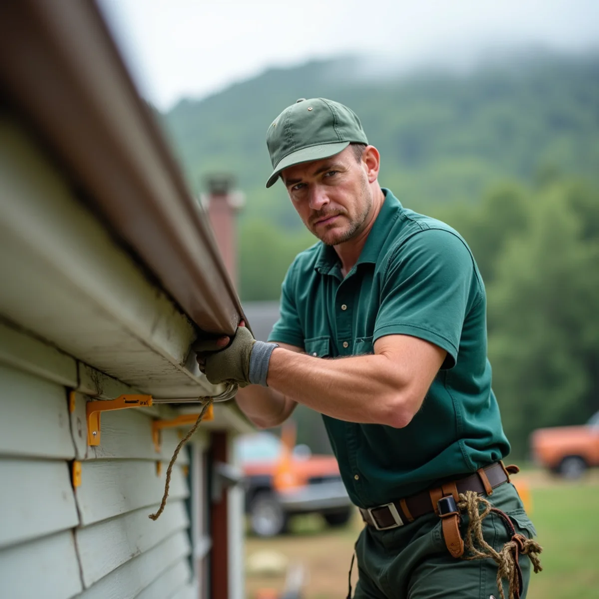 Repairing high-wind and fallen limb gutter damage on mountain home in NC