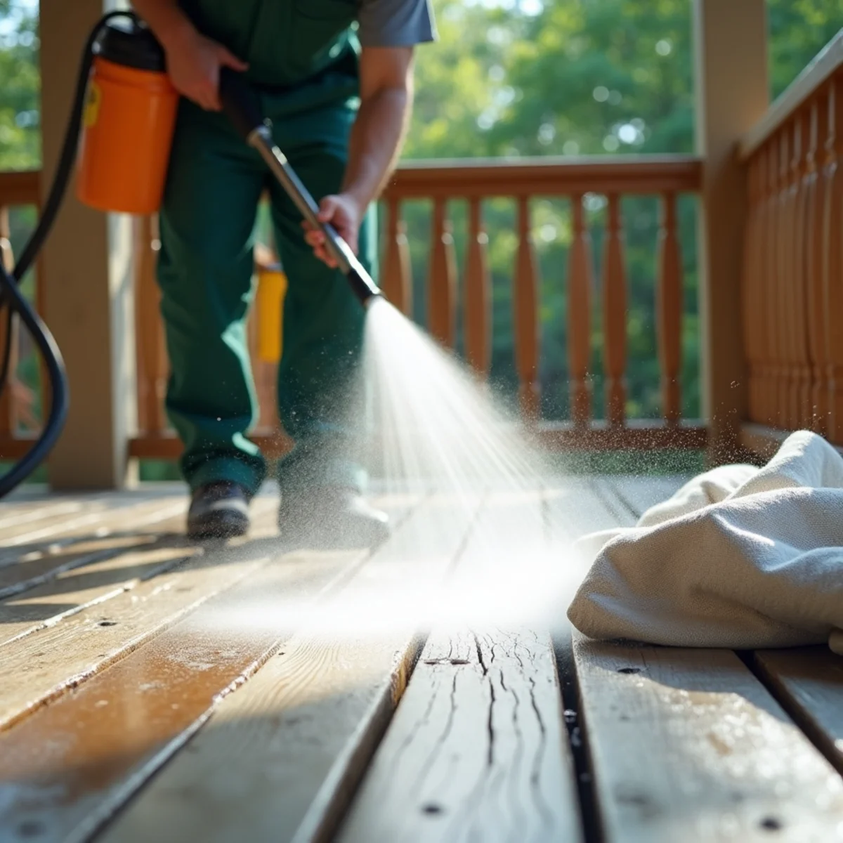 Medium-pressure fan spray washing gray sun-faded surface from wood deck boards
