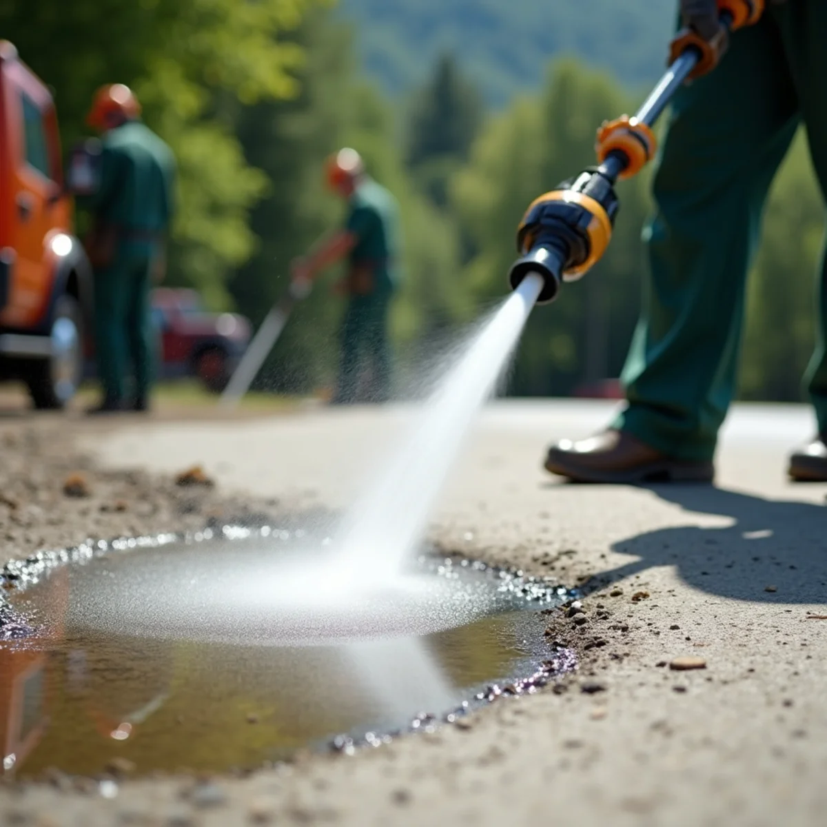 Turbo nozzle blasting stubborn red clay and vehicle fluid stains from parking pad