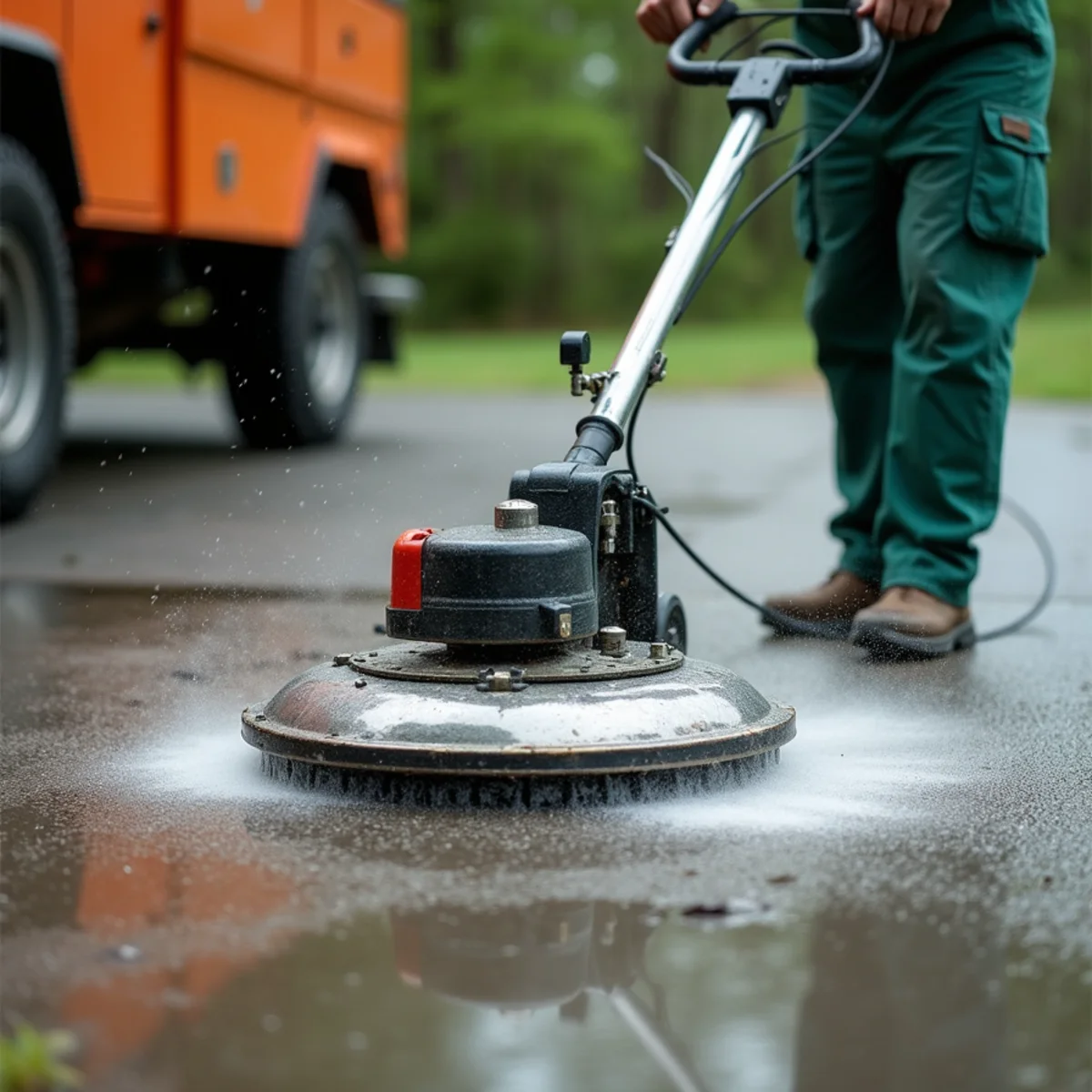 Circular rotary surface cleaner cleaning driveway without leaving zebra striping
