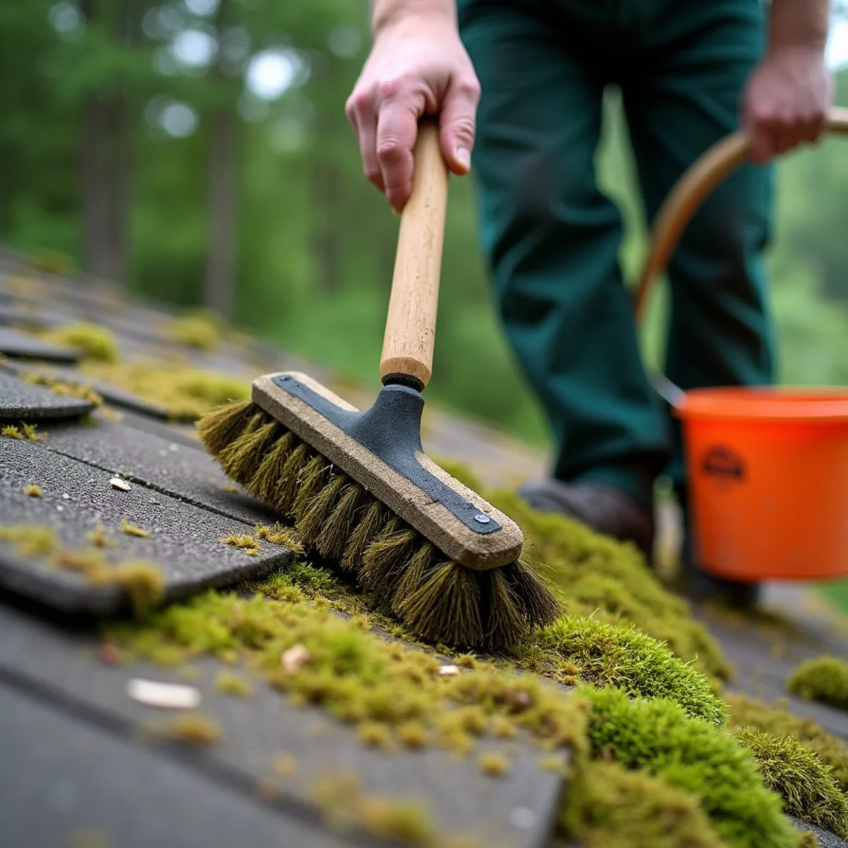 Soft-bristle brush clearing dead moss clumps from shingle edges into gutter trough