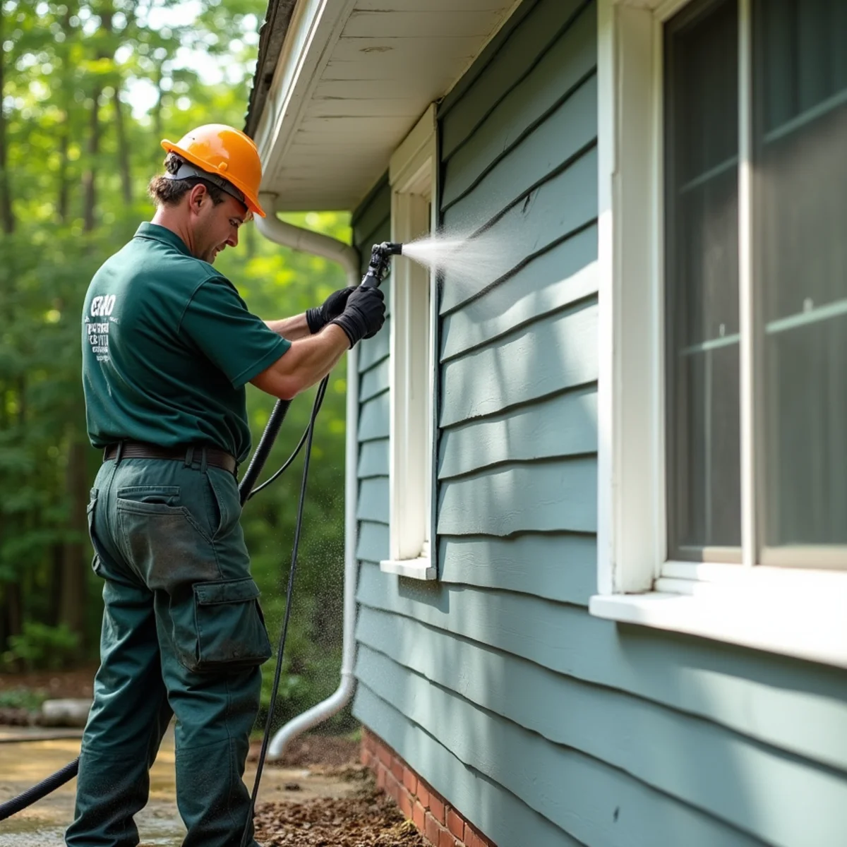 Garden-hose volume rinse washing away dissolved algae from freshly cleaned soffit