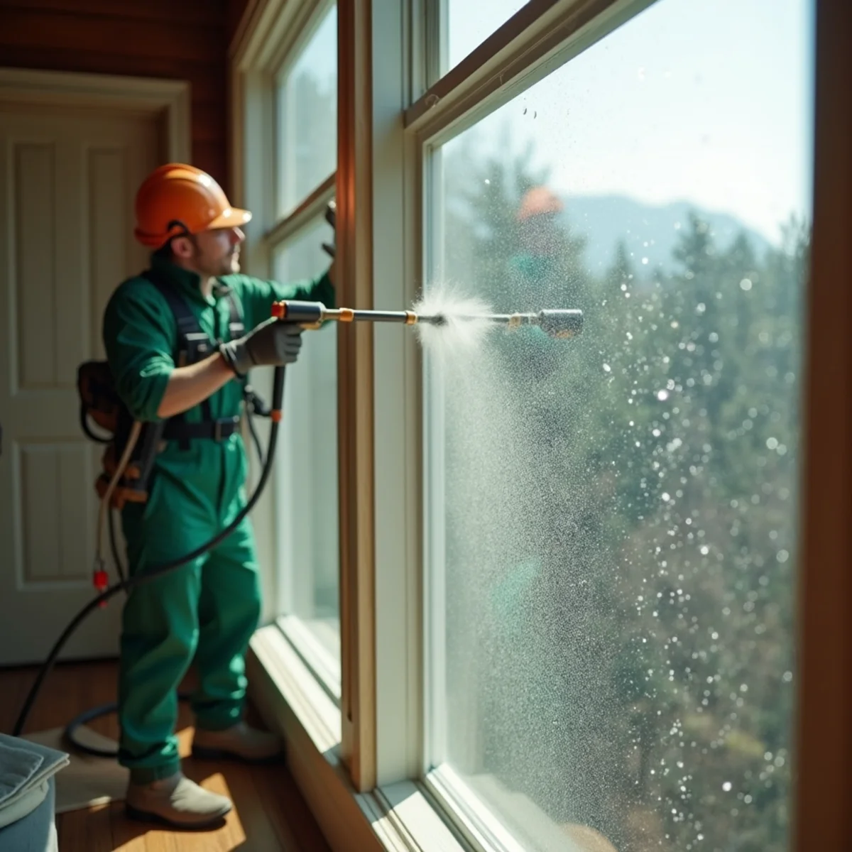 Water-fed brush scrubbing second-story glass pane with pure mineral-free water