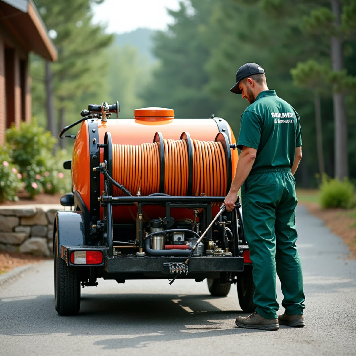 Trailer-mounted commercial pressure washing rig with dual hose reels and buffer tank
