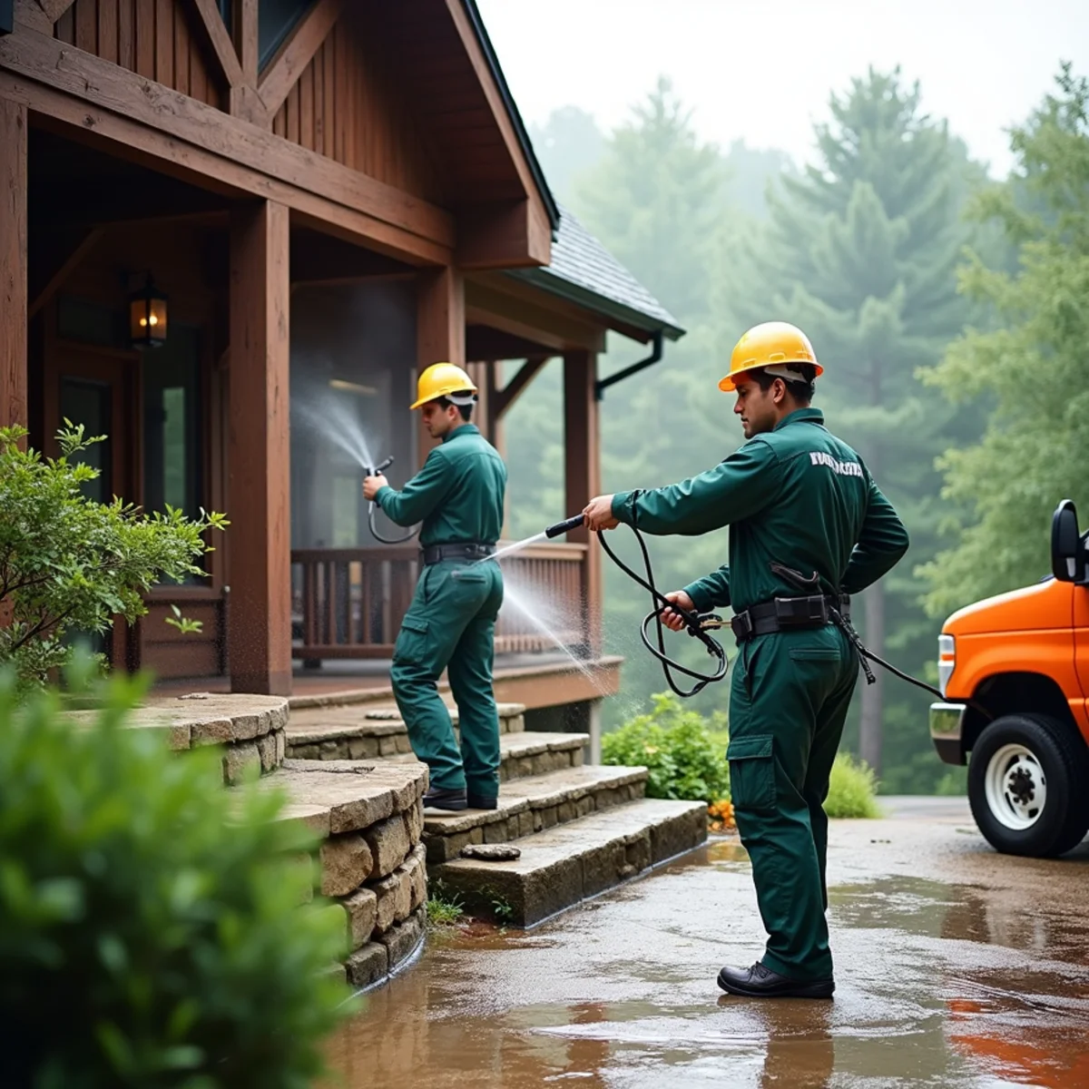 Technicians cleaning wood siding and stone foundation on multi-story timber lodge