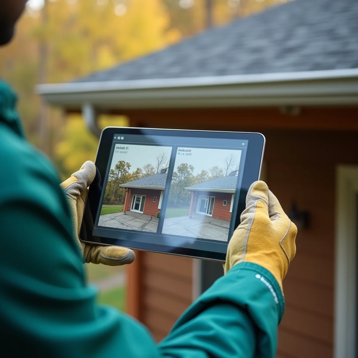Property manager tablet displaying time-stamped gutter inspection photos