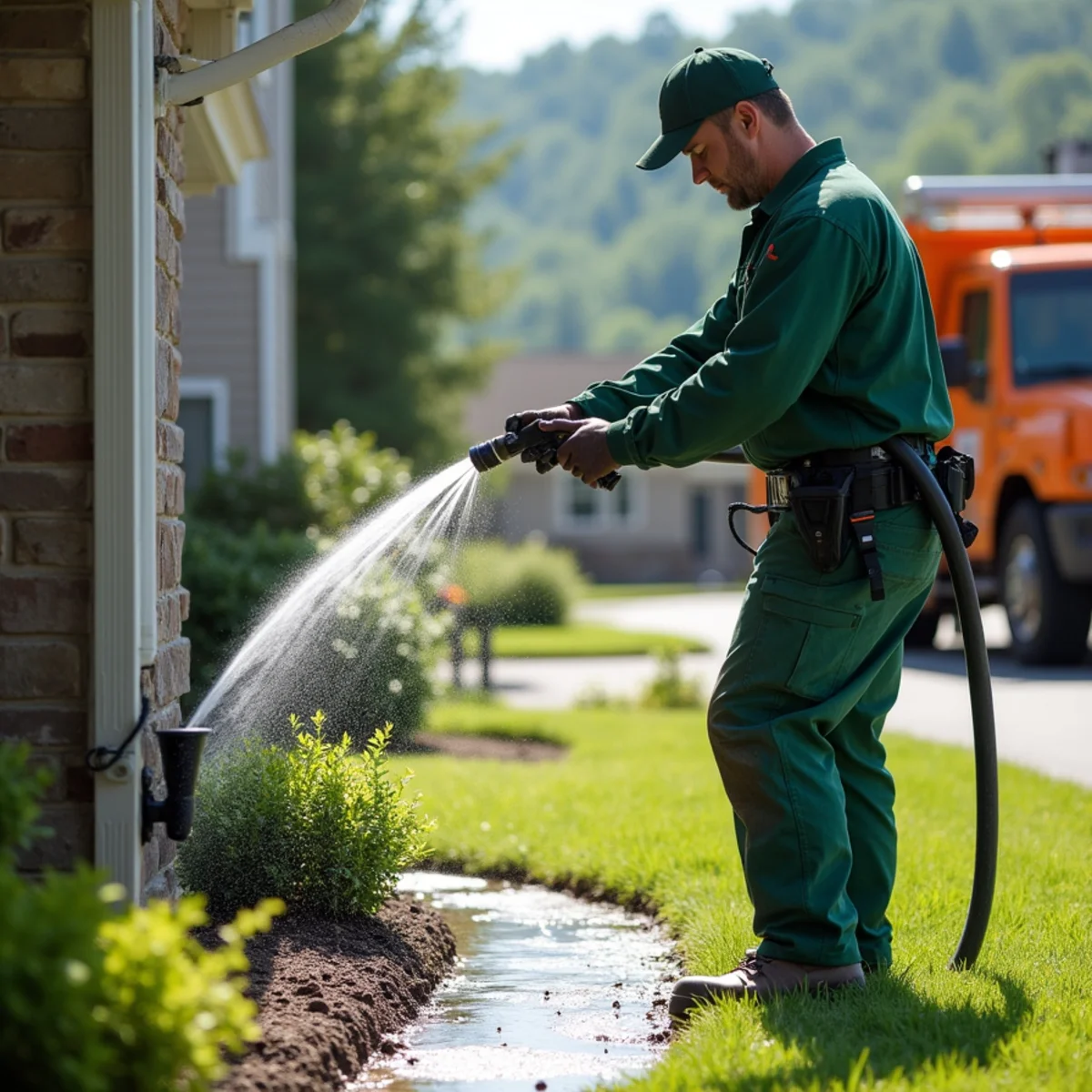High-volume water hose flushing vertical downspout to verify complete drainage