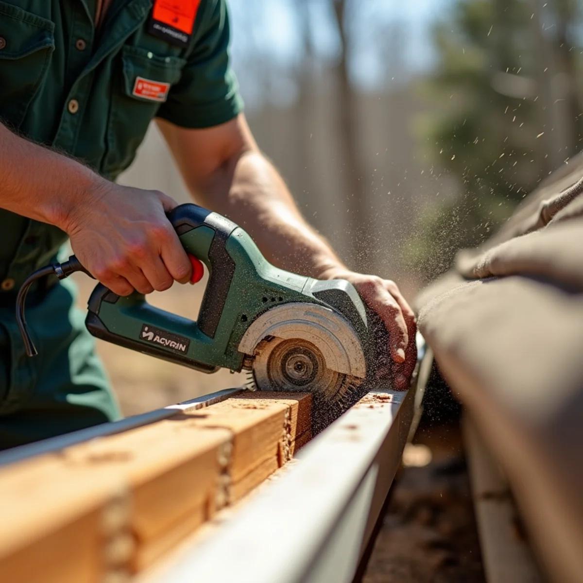 Oscillating multi-tool cutting damaged wood section cleanly from rafter tail