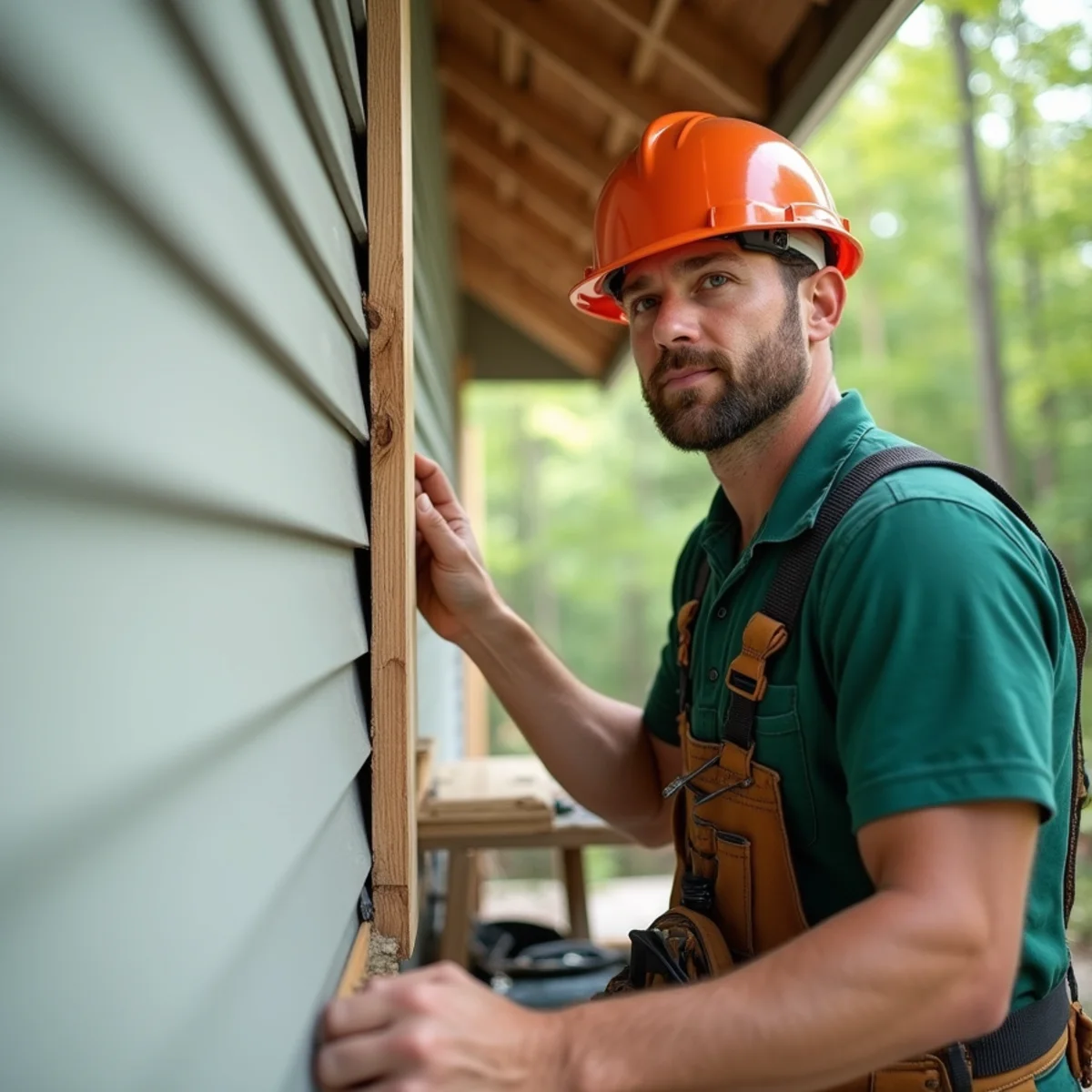 Carpenter repairing rotted fascia board and soffit trim behind mountain home gutters