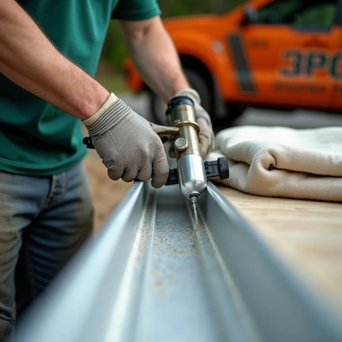 Caulking gun applying tri-polymer waterproof sealant inside clean corner gutter joint