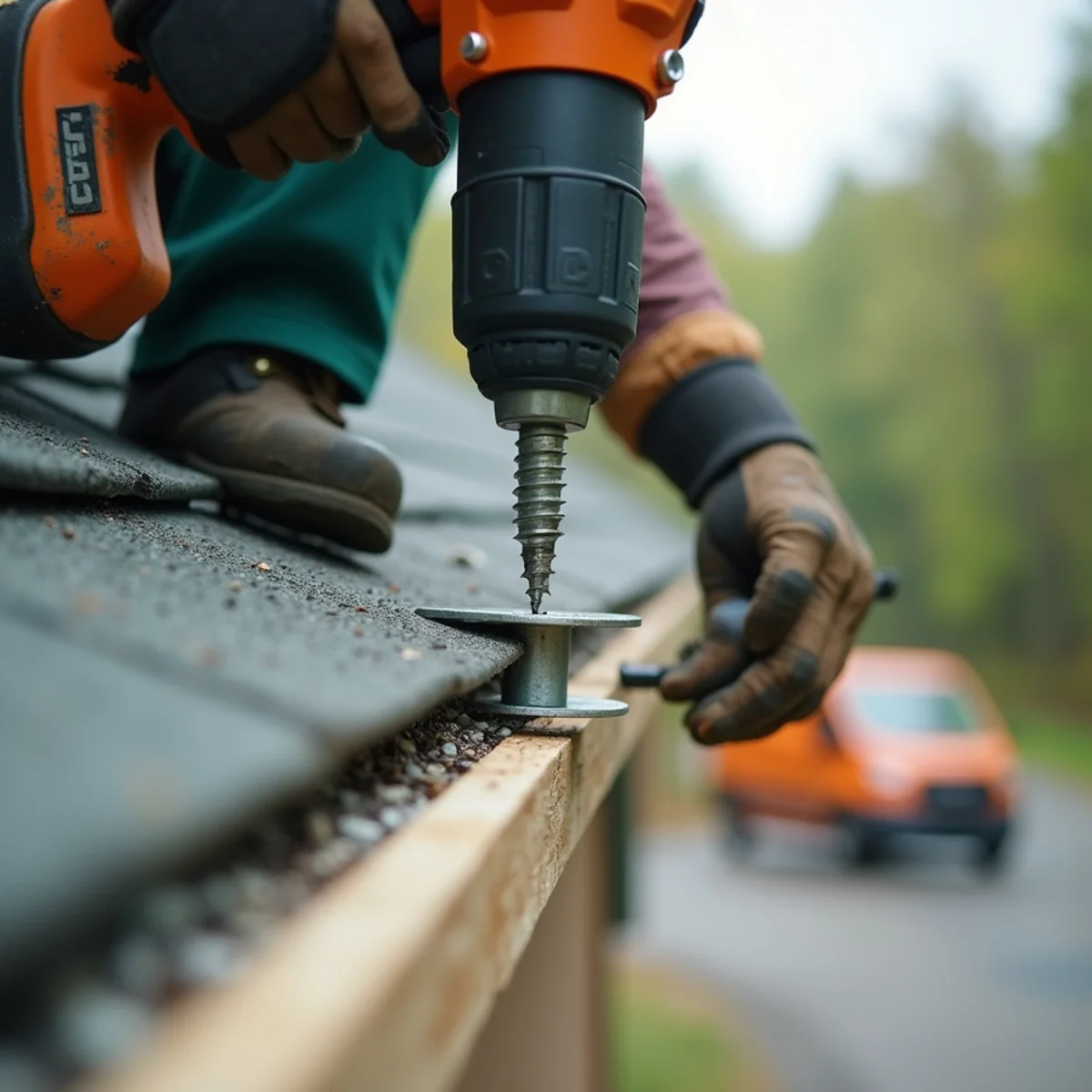 Technician driving structural screw into fascia to replace pulled gutter spikes