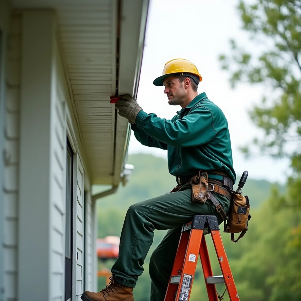 Technician repairing storm-damaged gutter seam on residential home in Elk Park, NC