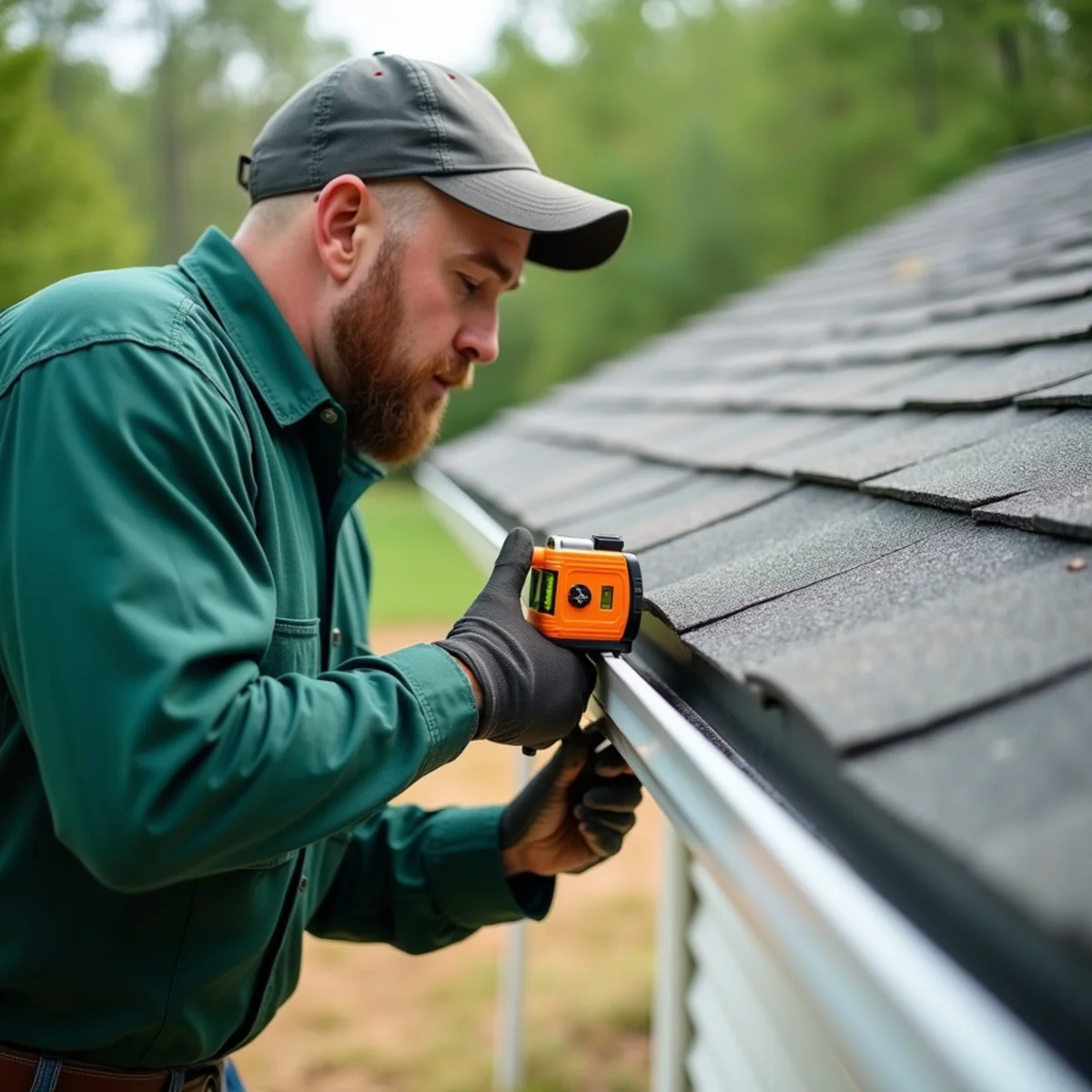 Technician verifying gutter water slope pitch using a digital level on mountain home