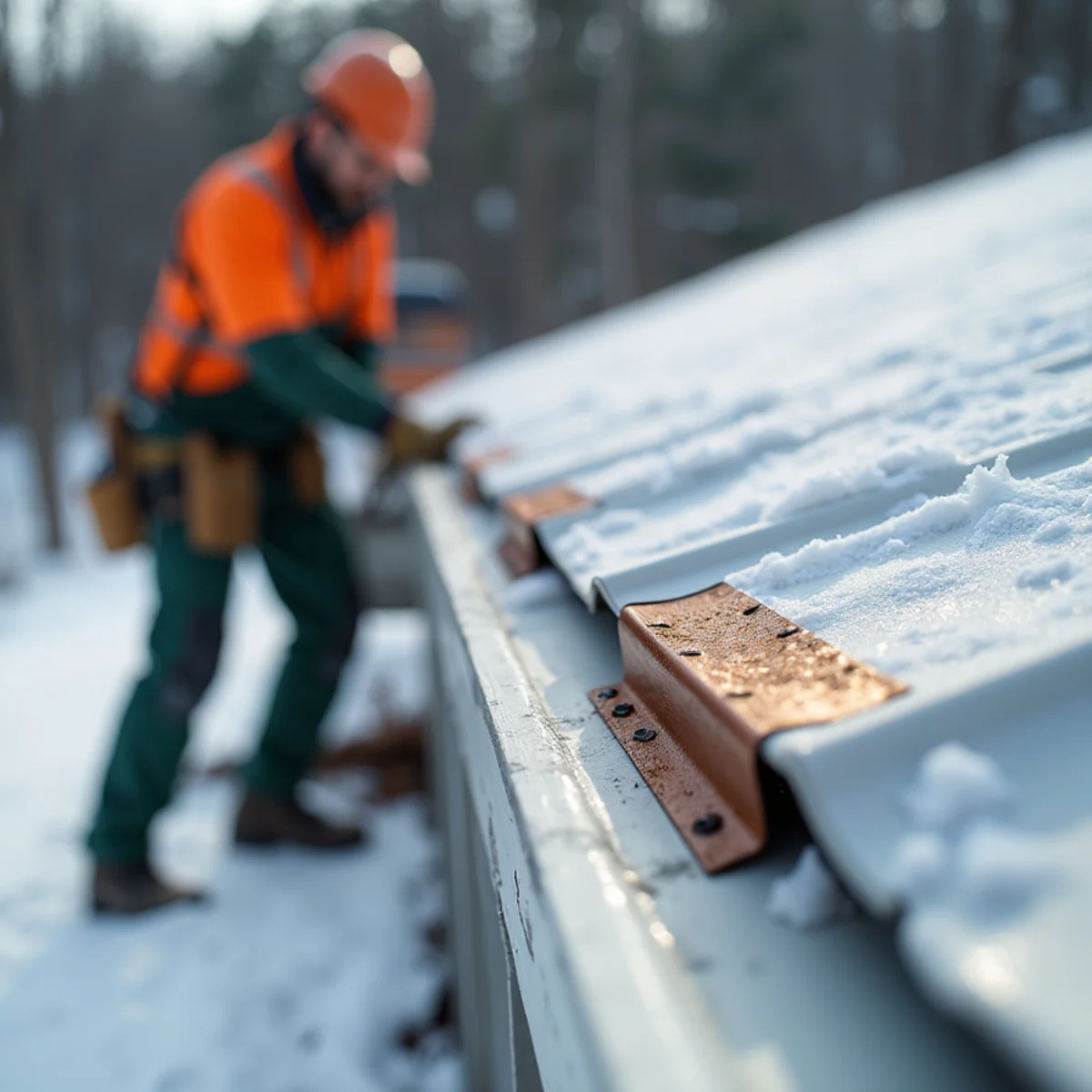 Row of heavy-duty aluminum snow guard clamps affixed to metal roof vertical seams
