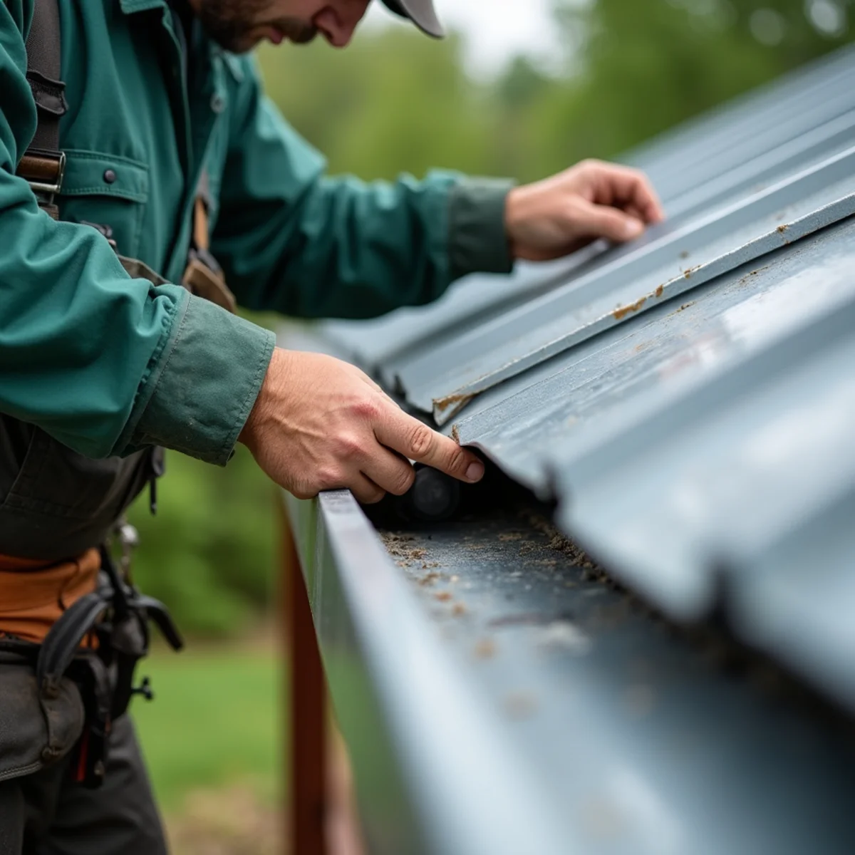 Technician fitting metal drip edge flashing extending into gutter trough