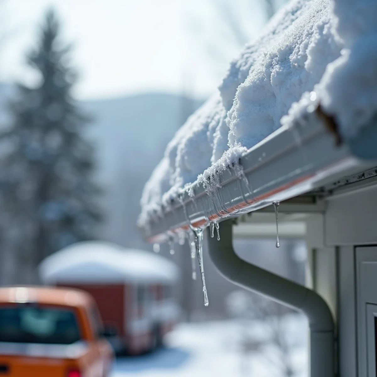 Heavy snowpack melting cleanly through reinforced seamless gutter on Avery County home