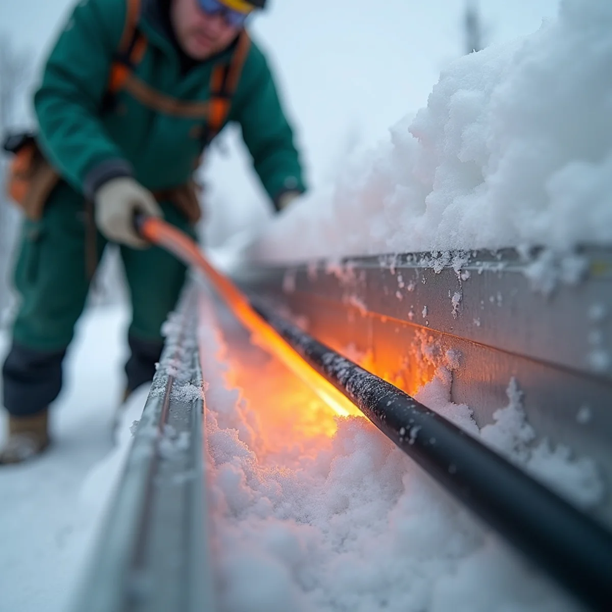Steaming self-regulating heat trace cable keeping gutter trough open during blizzard