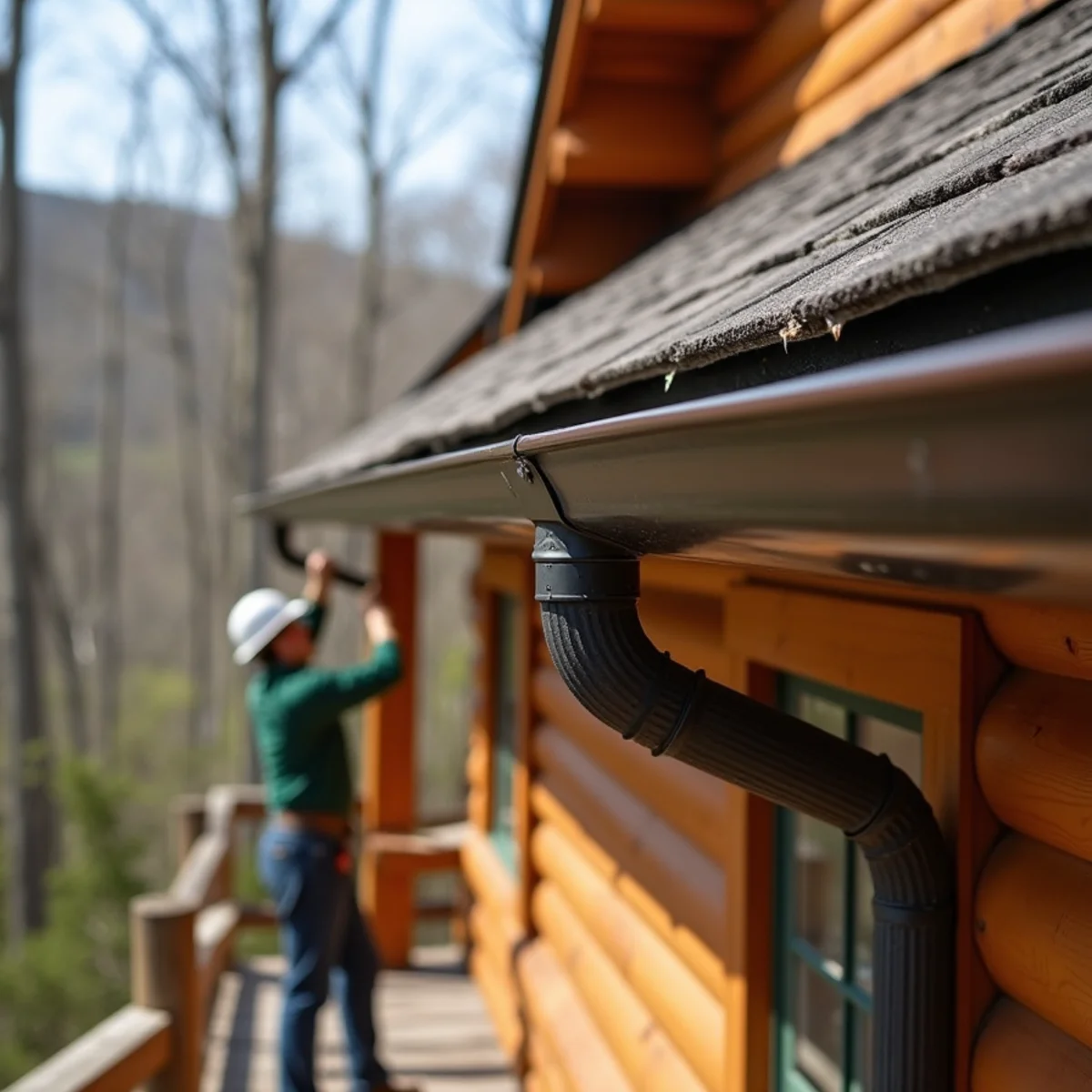 Newly installed continuous brown seamless gutter blending with log cabin timber in Foscoe
