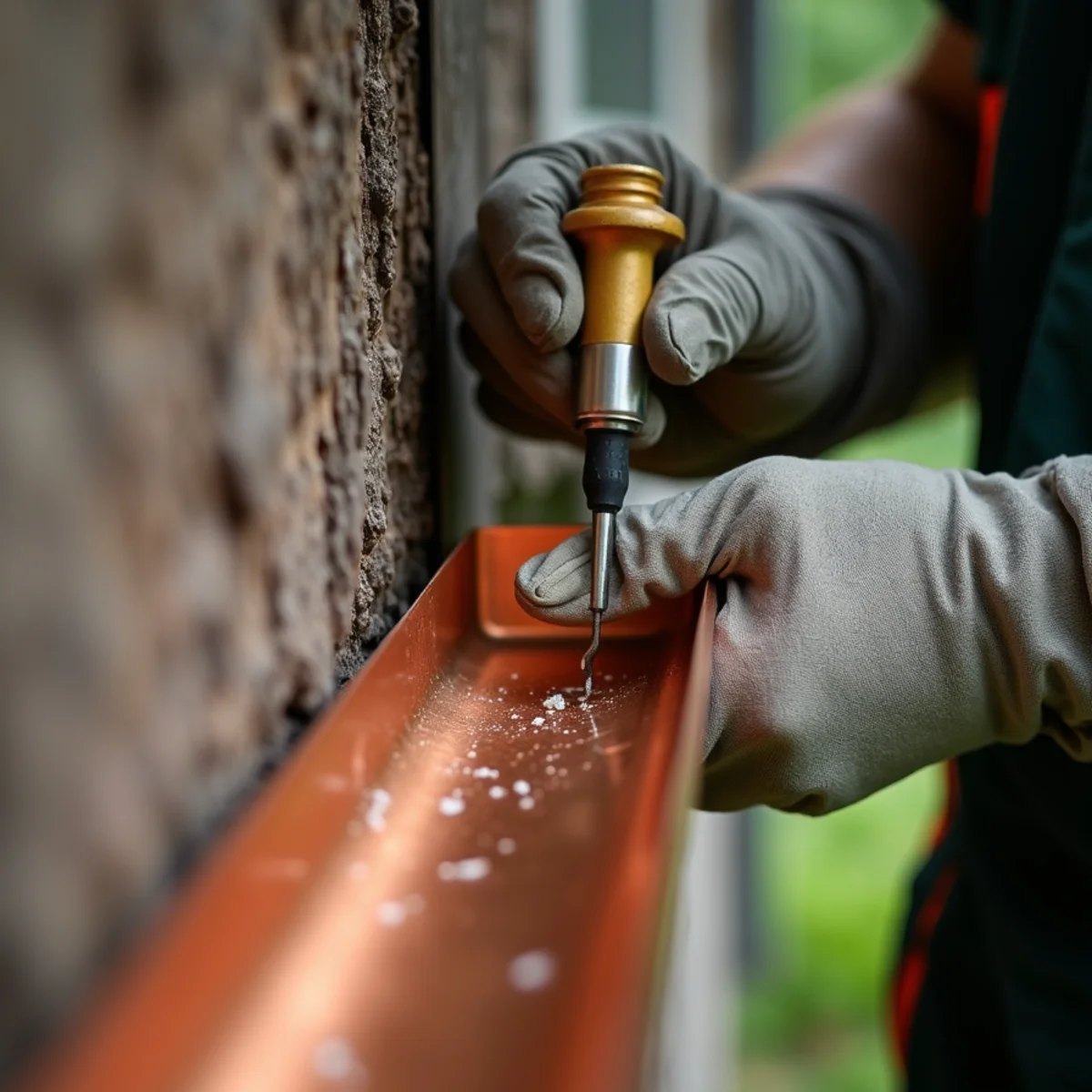 Hand-soldered copper miter corner on bark-shingled luxury residence in Linville