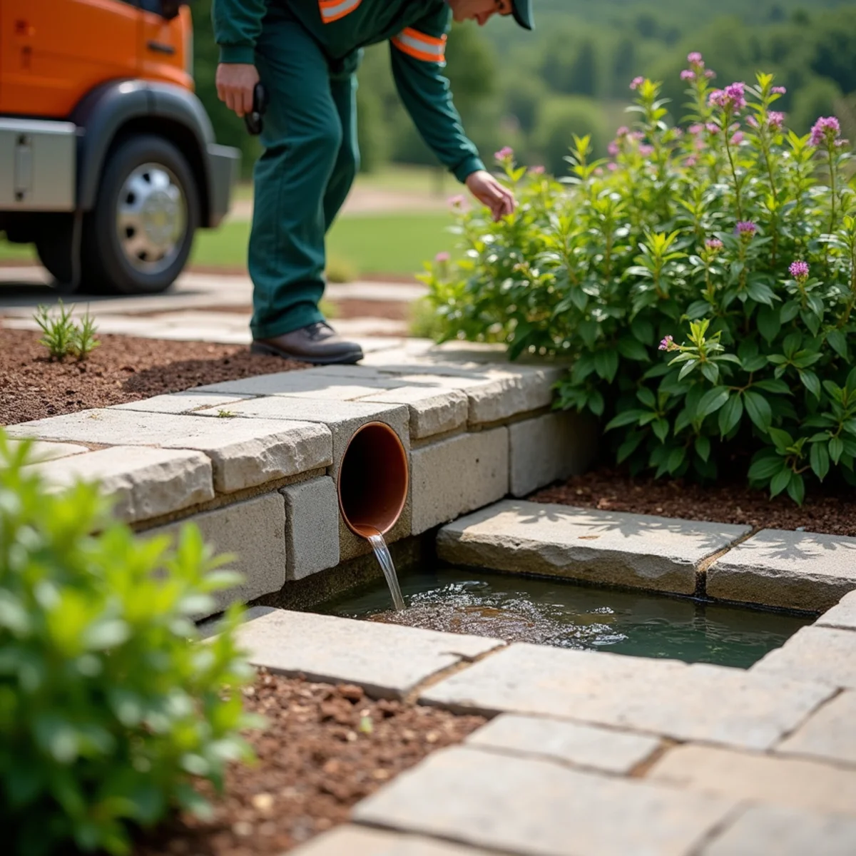 Custom stone catch basin and round downspout integration on Linville property