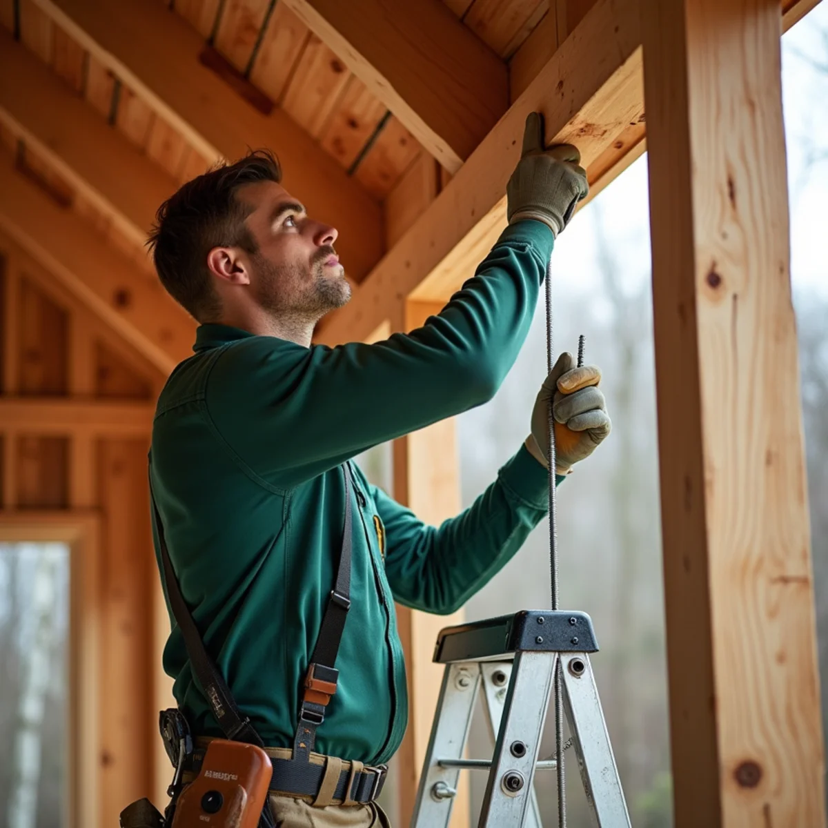 Technician fastening heavy-duty hangers on eave of residential house in Newland