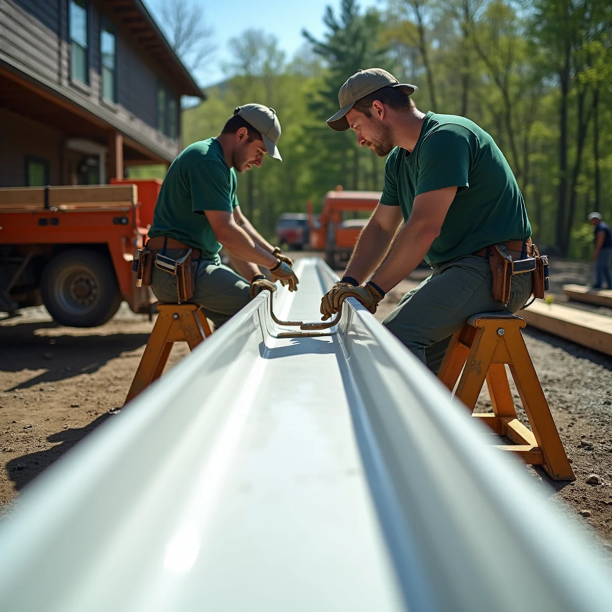 Freshly roll-formed 6-inch seamless gutter section ready for roof mounting in Newland