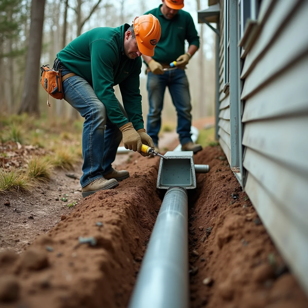 Oversized downspouts and buried drainage conduit on river valley home in Spruce Pine